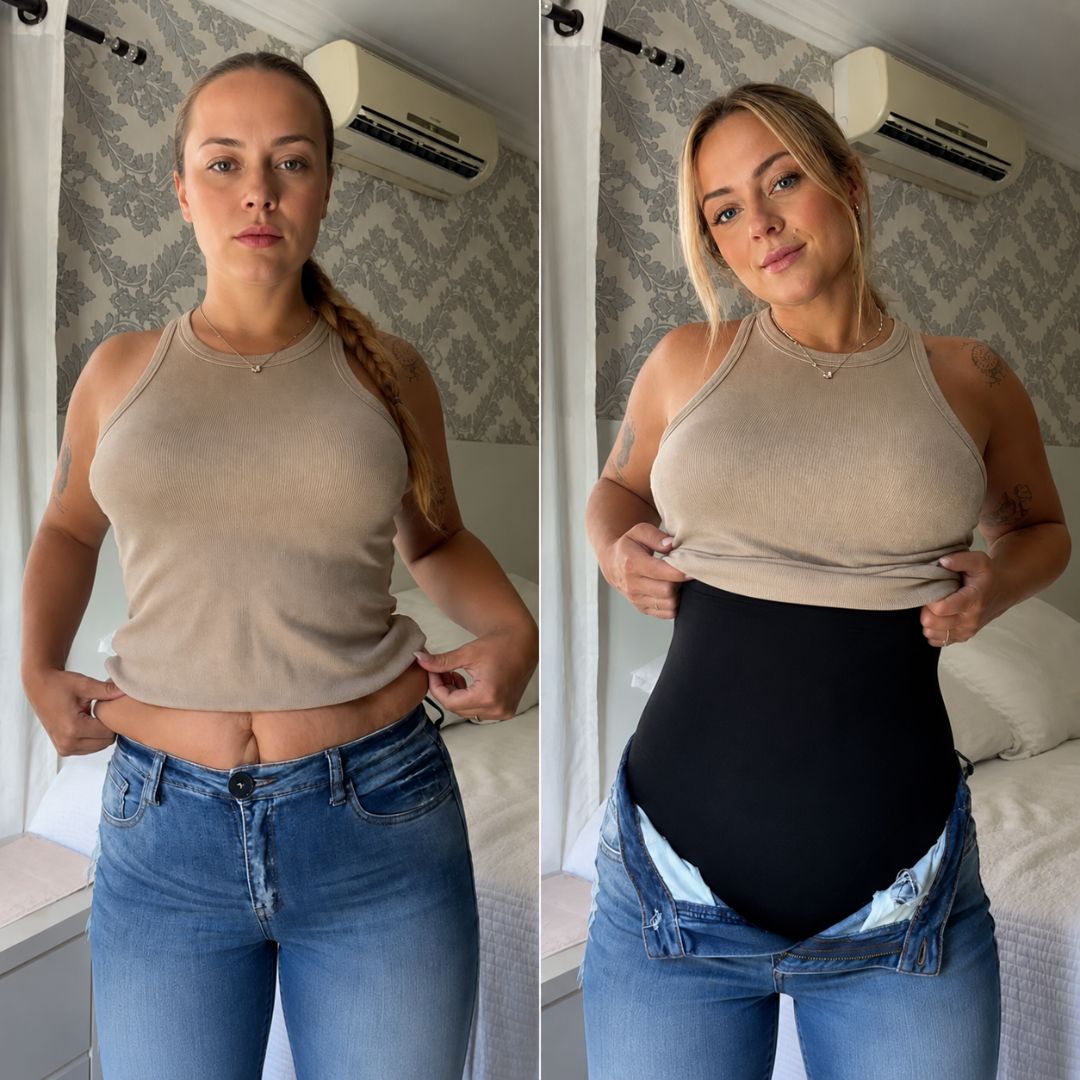 Vorher-Nachher – Livéa Shaping-Shorts unter offener Jeans, echte Kundin